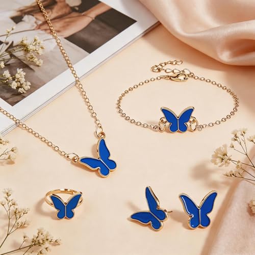 Butterfly Jewelry Set, Including Butterfly Necklace, Bracelet, Stud Earrings, and Adjustable Ring for Women - color: Blue
