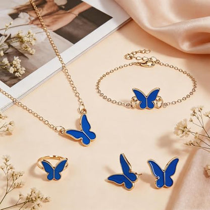Butterfly Jewelry Set, Including Butterfly Necklace, Bracelet, Stud Earrings, and Adjustable Ring for Women - color: Blue