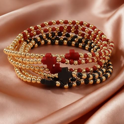 Gold Beaded Bracelets for Women Stackable Boho Gold Plated Colorful Seed Beads Ball Cross Bracelets Stack Elastic Stretch Trendy Jewelry Accessories Non Tarnish Friendship Christian Gift - color: Red Black