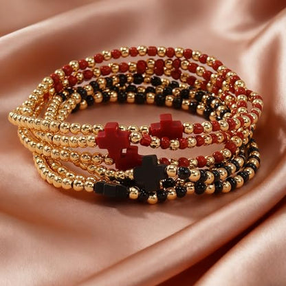 Gold Beaded Bracelets for Women Stackable Boho Gold Plated Colorful Seed Beads Ball Cross Bracelets Stack Elastic Stretch Trendy Jewelry Accessories Non Tarnish Friendship Christian Gift - color: Red Black