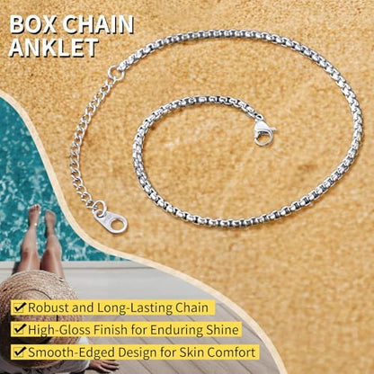 ChainsHouse Ankle Bracelets for Women, Stainless Steel Beaded Chain Ankle Bracelet, Womens Heart Anklets for Summer Beach Jewelry Gifts - color: G: box-3mm-stainless steel