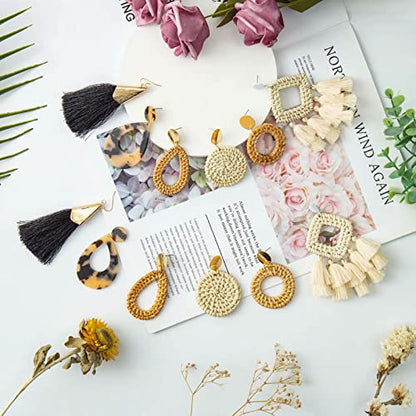 Ponpon 6-18 Pairs Earrings for Women, Lightweight Summer Earrings Straw Earrings Fashion Geometric Statement Hoop Dangle Drop Earrings for Women - style: Rattan Earrings-6 Pairs