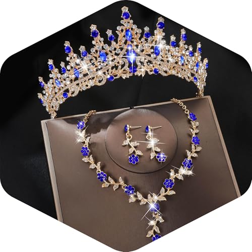 Kamirola Tiaras and Crowns for Women,Tiaras Earrings Necklace, Crystal Bridal Jewelry Set (TR48) - color: Gold Blue