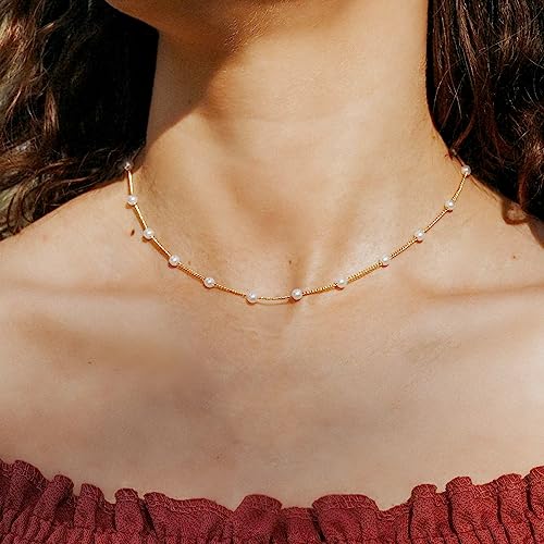 DIBOLA Dainty Pearl Necklaces for Women 14K Gold/Silver Plated Cute Single Pearl Necklace Elegant Small Tiny Pearl Choker Thin Chain Necklace Simple White Pearl Drop Y Long Necklace Freshwater Pearled Pendant Necklace Pearls Jewelry Gift - color: Satellit