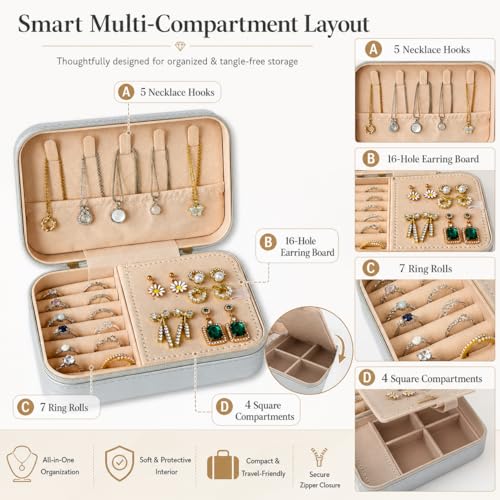 Travel Jewelry Box, Portable jewelry organizer with Embossed PU Leather Small Jewelry Box with Zipper, Velvet Lined Ring Earring Necklace Case for Travel, 6.3 x 4.7 x 2.4 in - color: Silver