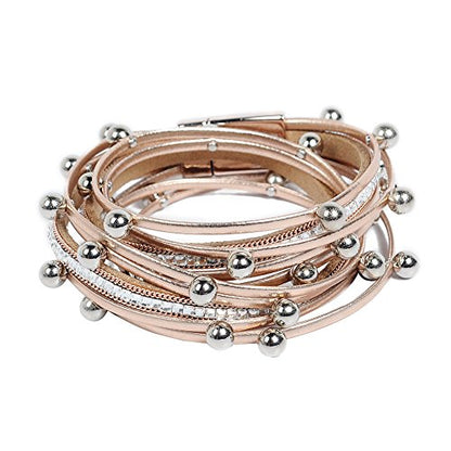 Artilady Leather Wrap Bracelet for Women, Pearl Beaded Bangle Stack Jewelry | Easy on-off, Elegant Handmade Multi-Layered, Daily Casual Date Beach Vacation, Gift for Ladies, Mother, Sister & Friend - style: Rose Gold