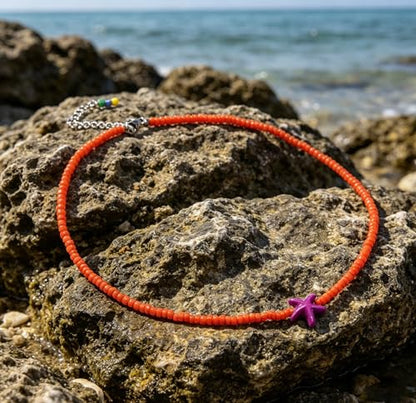 Seed Bead Choker Necklace for Women Bohemian Tiny Beads Choker Colorful Rice Bead Starfish Choker Summer Surfer Beach Necklace Jewelry Gift - color: Orange