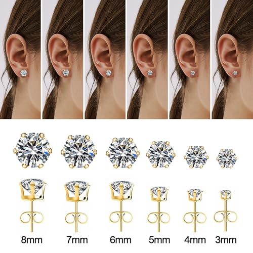 6 Pairs Hypoallergenic Stainless Steel Stud Earrings Cubic Zirconia Earrings Set 14K Gold Plated Multipack 3-8mm - color: Gold