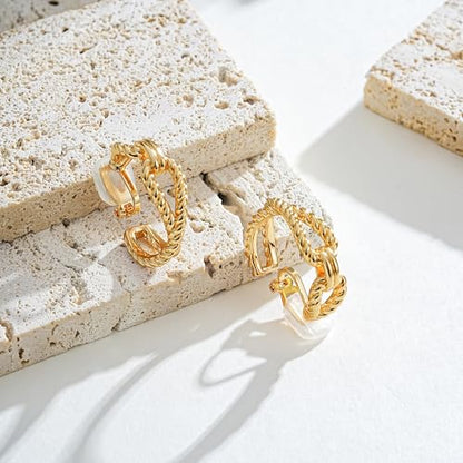Clip on Earrings for Women Silver and Gold Plated Twisted Rope Hoops Non Pierced C Hoop Earring Lightweight Two Tone Clips Mixed Metal Jewelry Gifts - color: Eternity Hoop-gold