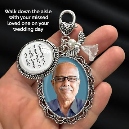Wedding Bridal Bouquet Charm Holding You in My Heart Walk Down The Aisle | Memorial Gift for Bride or Dad Memorial Charm for Wedding Day. Includes Everything Needed to Easily Add Your Own Photo.