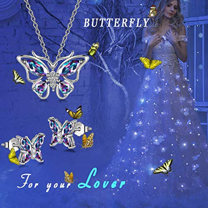 925 Sterling Silver Birthstone Butterfly Jewelry Women Crystal Animal Cute Butterflies Birthday Necklace/Earring/Ring/Bracelet Sets Birth Stone Statement Anniversary Jewellery - color: 1-M.Mysitc-Rainbow-Topaz