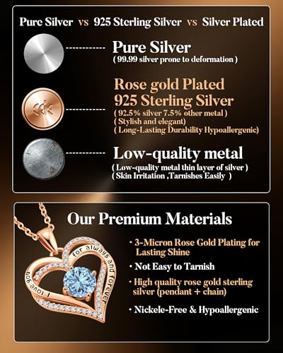 CDE S925 Silver Engraved Forever Love Heart Birthstone Necklaces for Women | 5A CZ,Hypoallergenic,Nickel-Free & Lead-Free Pendant,Anniversary Christmas Wedding Birthday Gift for Wife Girlfriend - color: 03-Mar, style: Rose Gold Plated