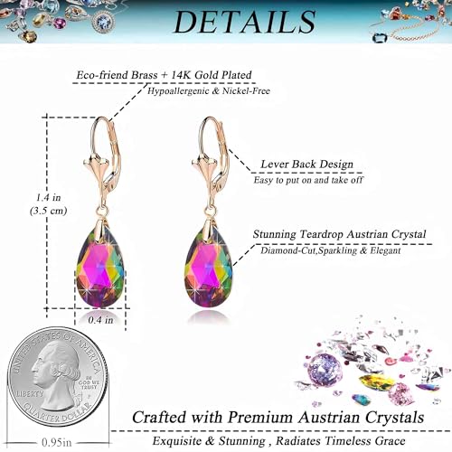 Austrian Crystal Teardrop Leverback Dangle Earrings for Women Fashion 14K Gold Plated Hypoallergenic Jewelry - color: Vitrail Medium
