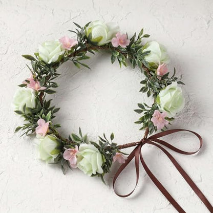 Pink Green Flower Crown Headband, Boho Rose Floral Headpiece | Artificial, Adjustable Fairy Woodland Headbands, Women Maternity Wedding Renaissance Festival Birthday Party Accessories - color: Pink-green