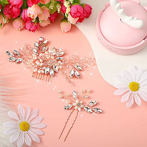 5 Pieces Wedding Hair Comb Bridal Pins Crystal Pearl Wedding Hair Accessories Rhinestone Flower Piece for Bride Bridesmaids Women(Rose Gold) - color: Rose Gold