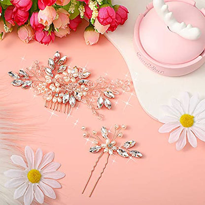 5 Pieces Wedding Hair Comb Bridal Pins Crystal Pearl Wedding Hair Accessories Rhinestone Flower Piece for Bride Bridesmaids Women(Rose Gold) - color: Rose Gold
