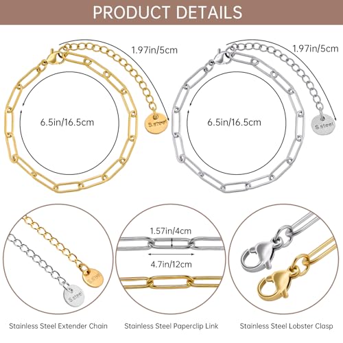 UMAOKANG 12PCS Stainless Steel Adjustable Paperclip Chain Bracelet Kit | 6.5Inch 6PCS Gold + 6PCS Silver Charm Bulk Bracelets Permanent Hand Chain for Men and Women - color: 6pcs Gold+6pc Steel