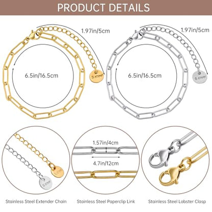 UMAOKANG 12PCS Stainless Steel Adjustable Paperclip Chain Bracelet Kit | 6.5Inch 6PCS Gold + 6PCS Silver Charm Bulk Bracelets Permanent Hand Chain for Men and Women - color: 6pcs Gold+6pc Steel