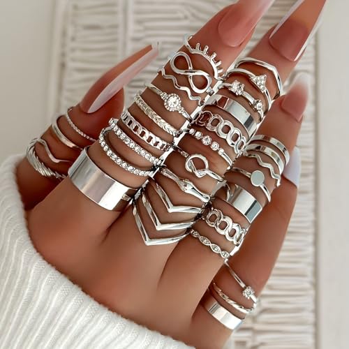 Gold Rings for Women Non Tarnish Stackable Rhinestone Moon Star Rings Dainty Stacking Pearl Butterfly Midi Pinky Thumb Joint Finger Knuckle Ring Set Gold Non Tarnish Jewelry Gifts Trendy Stuff - color: B Silver Stackable Rings 30Pcs