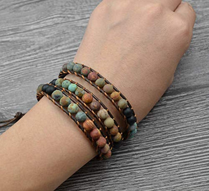 Fashion Love Heart Beaded Leather 3 Wrap Bracelets for Women Handmade Boho Natural Stone Ball Beads Wrist Bracelet Nice Gifts New Adjustable