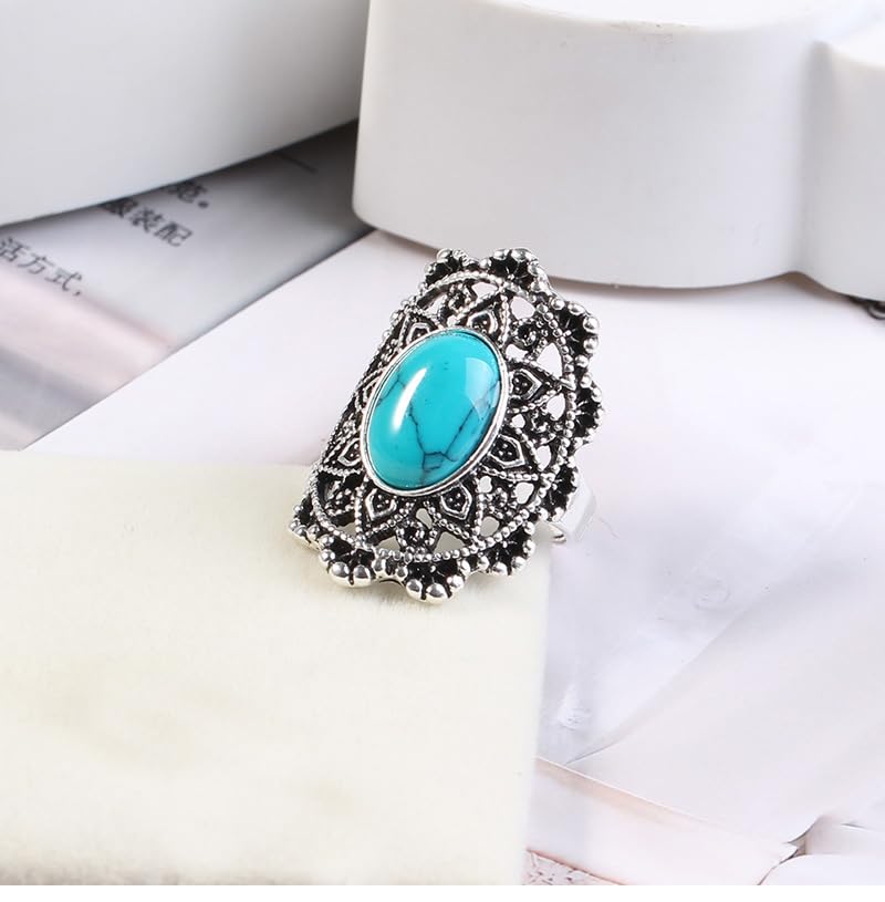Vintage Red Green Turquoise Filigree Ring Antique Silver Plated Oval Gemstone Statement Open Ring Bohemian Retro Finger Ring for Women, Daily & Party Wear