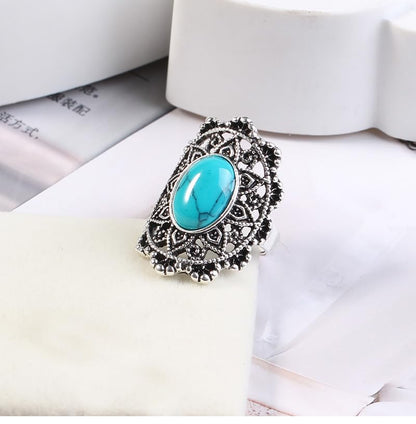 Vintage Red Green Turquoise Filigree Ring Antique Silver Plated Oval Gemstone Statement Open Ring Bohemian Retro Finger Ring for Women, Daily & Party Wear
