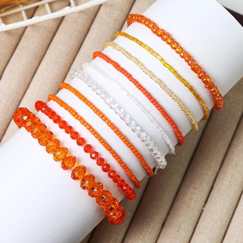 Handmade Stackable Rice Seed Beaded Ball Bracelets set for women, Romantic Boho Trendy Acrylic Glass Stretch Accessories Multi Layer Jewelry, Daily Wear Party Holiday Friendship Gift - color: Orange