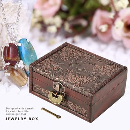 HERCHR Wooden Treasure Chest Box with Key and Lock, Retro European Style Wooden Jewelry Storage Box Memory Keepsake Letter Treasure Chest Lockable with Hinged Lid for Home Decor