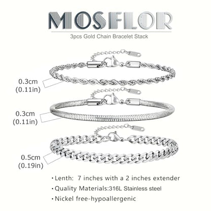 Mens Bracelet - Dainty Gold/Silver Chain Bracelet Stack 14K Gold Plated Silver Bracelets for Men Stainless Steel Adjustable Cross Charm Cuban Link Bracelet Snake Jewelry Set to Men Dad Birthday Day - color: S2, size: 7+2 Inch