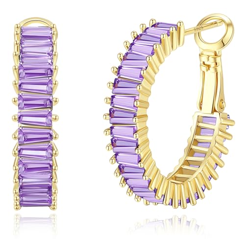 Trendy 14K Gold Plated Hoop Earrings for Women, Chunky Gold/Silver Earrings for Women Cubic Zirconia Baguette Hoop Earrings Heart Hoops Lightweight Hypoallergenic Jewelry,25mm/35mm/40mm/50mm - color: 01 Gold Purple Hoops 25mm
