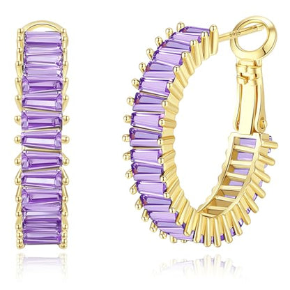 Trendy 14K Gold Plated Hoop Earrings for Women, Chunky Gold/Silver Earrings for Women Cubic Zirconia Baguette Hoop Earrings Heart Hoops Lightweight Hypoallergenic Jewelry,25mm/35mm/40mm/50mm - color: 01 Gold Purple Hoops 25mm