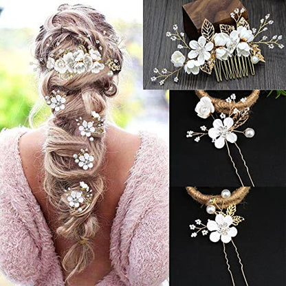 5 PCS Bridal Flower Wedding Hair Pins Crystal Pearl Hair Clips Headpiece Gold Wedding Hair Accessories Jewelry with Rhinestone for Brides Bridesmaids Women Girls Updo (Pure White Flower) - color: Flourish Flowers Series&Pure White Flower