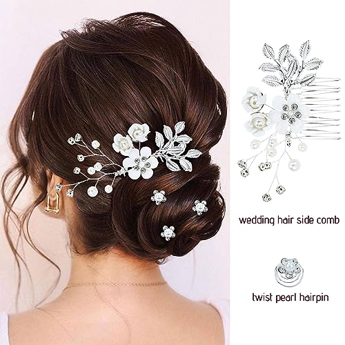 Cinaci 18 Pieces Bridal Wedding Party Prom Pearl Rhinestone White Flower Hair Side Combs Slides+U-shaped Flower Hair Pins+Twist Spiral Hairpins Floral Headpieces for Brides Bridesmaids Women Girls - color: White