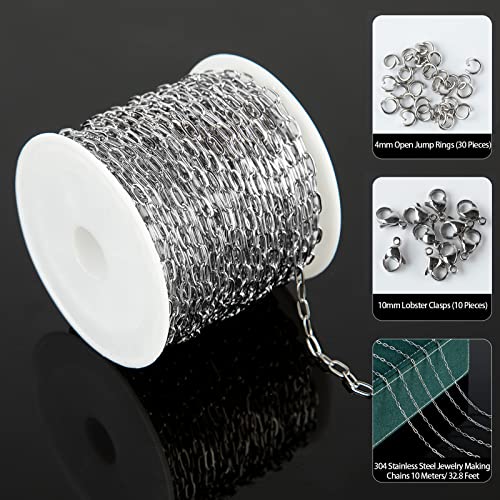UMAOKANG 10 Meters Silver Steel Small Paper Clip Link Chain with 30 Open Jump Rings 10 Lobster Clasps Bulk for Necklace Choker Jewelry Making - color: Steel Small Paperclip