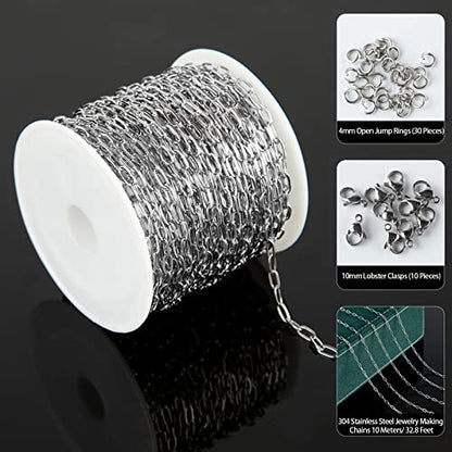 UMAOKANG 10 Meters Silver Steel Small Paper Clip Link Chain with 30 Open Jump Rings 10 Lobster Clasps Bulk for Necklace Choker Jewelry Making - color: Steel Small Paperclip