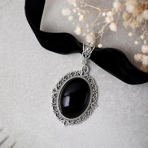 Qceasiy Gothic Black Necklace for Women, Adjustable Victorian Velvet Lace Collar, Halloween Party Cosplay Jewelry Gift - style: Black Gem