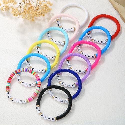 Heishi Surfer Clay Bead Bracelets Set for Women - Preppy Smile Evil Eye Beaded Stretch Bracelets Elastic Layering Friendship Bracelets- Stackable Boho Disc Summer Jewelry Set - color: 12PC-BE KIND