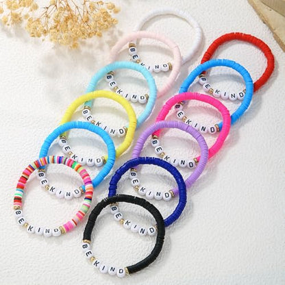 Heishi Surfer Clay Bead Bracelets Set for Women - Preppy Smile Evil Eye Beaded Stretch Bracelets Elastic Layering Friendship Bracelets- Stackable Boho Disc Summer Jewelry Set - color: 12PC-BE KIND