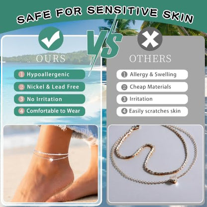 Sterling Silver Ankle Bracelets for Women 14k Gold Waterproof Layered Stackable Non Tarnish Dainty Heart Charm Large Adjustable Anklet for Summer Beach Jewelry Gift - color: SilverA