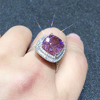 18K Gold Plated Princess Cut Pink Crystal Silver Ring with AAA White Cubic Zirconia Full Diamond Ring CZ Eternity Engagement Wedding Band Ring for Women Size 6-10 - color: 9