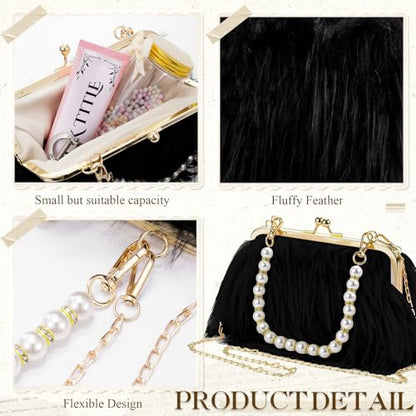 Liliaafar 4 Pcs Evening Clutch Purse with Pearl Jewelry Sets,Clutch Bag Pearl Earrings Necklace Bracelet for Wedding Party - color: Black, style: Fluffy Feather