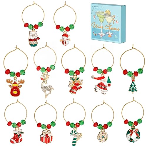 SUNNYCLUE 1 Box 12Sets Christmas Wine Charms Drink Markers Red Green Crystal Glass Bead Wine Glass Beading Rings Enamel Santa Claus Charm Drink Identifiers for Party Tasting Favor - style: 12 Sets Golden Tone Christmas Wine Charms & Upgraded Gift Box