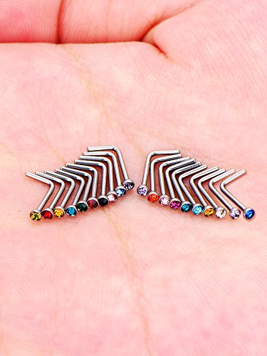 Mudder 20 Pieces Curved Nose Stud Stainless Steel Nose Ring Crystals L Bend Nose Screw Piercing, 20 Gauge - color: Classic Colors