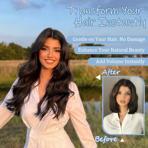 Dark Brown Halo Hair Extensions 20 Inch Synthetic Hair for Women | Wavy Texture with Invisible Wire and 4 Secure Clips for Easy Daily Styling Party Wear and Added Length - color: Dark Brown