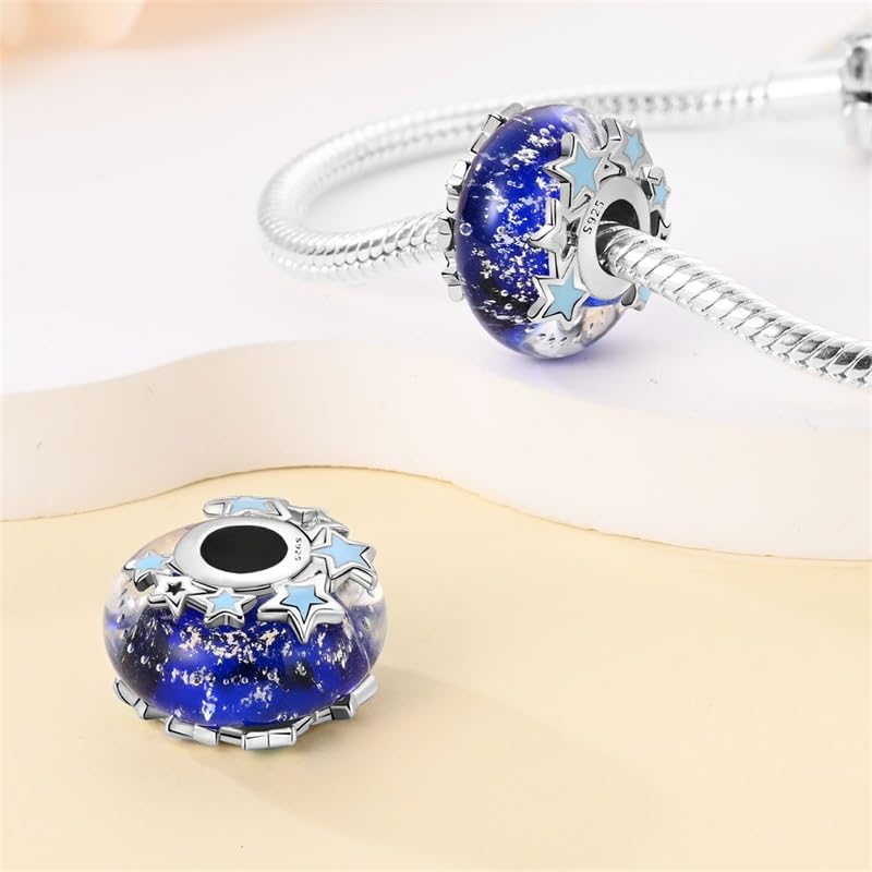 925 Sterling Silver Bead Charm for Pandora Bracelets and Necklaces,Pink Bow Cherry Butterfly Blue Ocean Pendant Bead Charms Jewelry Present Valentines Gifts for Wife/Girlfriend Women - style: Blue Galaxy Murano Glass Bead