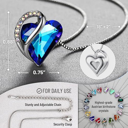 Leafael Gift Necklaces for Women, Infinity Love Birthstone Heart Crystal Pendant, Birthday Anniversary Jewelry for Wife, Mom, and Her, Silver Plated, 18" + 2" Adjustable Chain - color: 09c-September-Rainbow Sapphire Blue