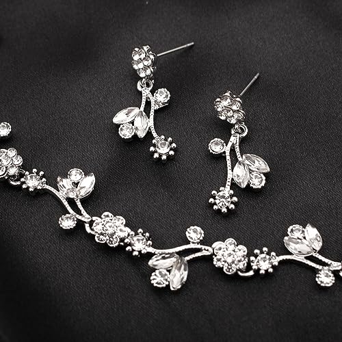 Elegant Brides Austrian Crystal Flower Choker Necklace Drop Dangle Earring Bracelet Wedding Jewelry Set for Bridesmaid Prom Costume Jewelry Set for Women - color: White-Platinum Plated