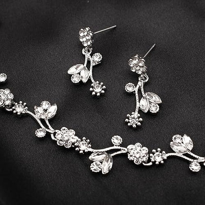 Elegant Brides Austrian Crystal Flower Choker Necklace Drop Dangle Earring Bracelet Wedding Jewelry Set for Bridesmaid Prom Costume Jewelry Set for Women - color: White-Platinum Plated