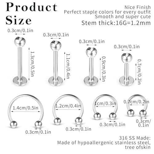 32Pcs Lip Rings for Women 16G Stainless Steel Horseshoe Labret Studs Monroe Lip Barbell Ring Snake Bite Piercing Jewelry Helix Earring Daith Tragus Cartilage Surgical Steel Jewelry - color: Iridescent + Silver