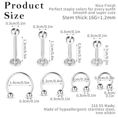 32Pcs Lip Rings for Women 16G Stainless Steel Horseshoe Labret Studs Monroe Lip Barbell Ring Snake Bite Piercing Jewelry Helix Earring Daith Tragus Cartilage Surgical Steel Jewelry - color: Iridescent + Silver